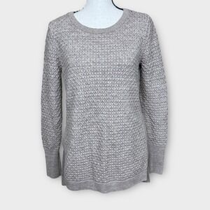 Athleta Sweater Merino Wool Blend Textured Crew Neck Small‎ Grey Beige Side Slit